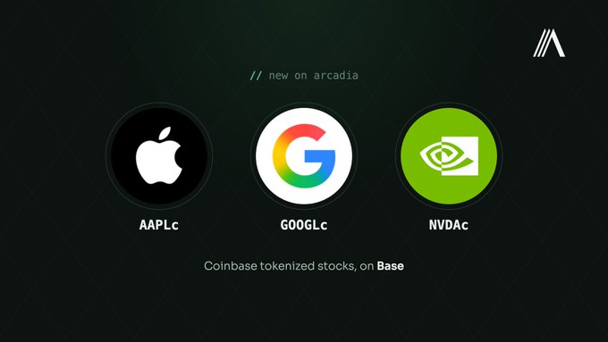 A promotional graphic for Arcadia announcing new tokenized stocks on Base, showing logos for AAPL.c (Apple), GOOGL.c (Google), and NVDA.c (NVIDIA) from Coinbase.