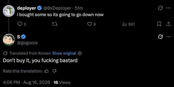 A Twitter/X screenshot shows deployer (@0xDeployer) posting "i bought some so its going to go down now," to which user S (@gogozza) replied "Don't buy it, you fucking bastard." The exchange satirically captures the crypto community's superstitious belief that deployer's purchases are a bearish signal.