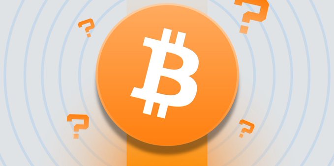 An orange Bitcoin logo with question marks on a light blue background, representing cryptocurrency.