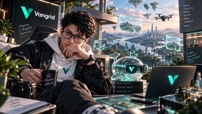 A young man wearing glasses and a hoodie sits at a desk holding a 'Master Whale' mug in a high-tech setting featuring Vangrid branding with text about 'Mapping A Brighter Tomorrow' and 'REAL PLACES REAL DATA REAL IMPACT'.