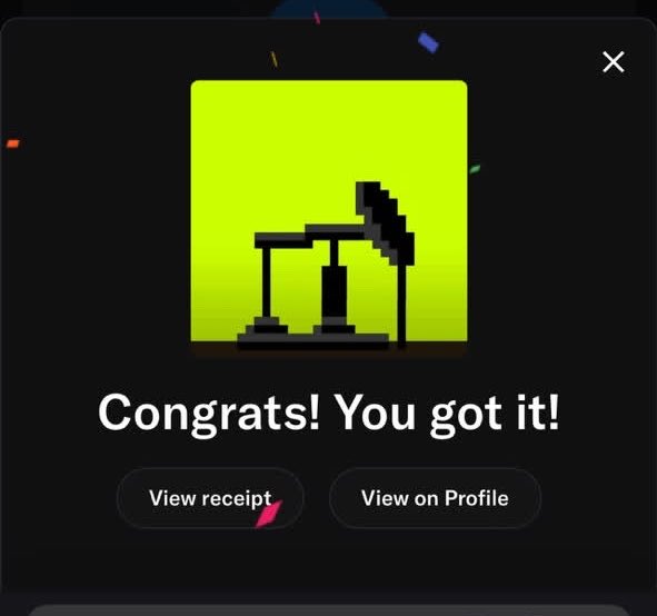 A pixelated black oil pumpjack on a lime-green background is shown with the text "Congrats! You got it!" along with "View receipt" and "View on Profile" buttons, celebrating the user's successful mint of their spot for @TheSaudisNFT tied to the post's "Oil money" theme.