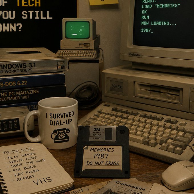 A vintage 1980s computer setup features a Commodore Amiga with a monitor displaying "READY. LOAD 'MEMORIES' OK RUN NOW LOADING... 1987," alongside a coffee mug reading "I SURVIVED DIAL-UP," a 3M floppy disk labeled "MEMORIES 1987 DO NOT ERASE," and software boxes for "WINDOWS 3.1" and "MS-DOS 6.22." The nostalgic tech aesthetic ties to the "$VTC - Vintage Coin" memecoin promotion, using the retro computing imagery to evoke nostalgia and signal the coin's vintage theme on Pump.fun.