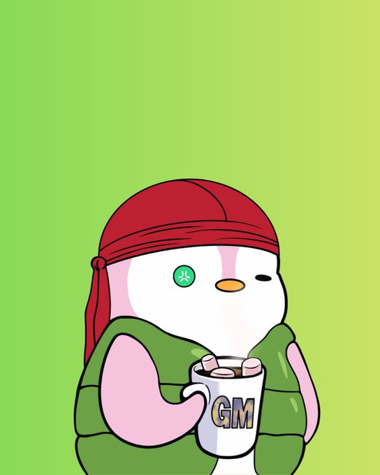 A cartoon illustration of a chubby penguin-like character wearing a red bandana and green vest, holding a mug that says 'GM' against a green gradient background.