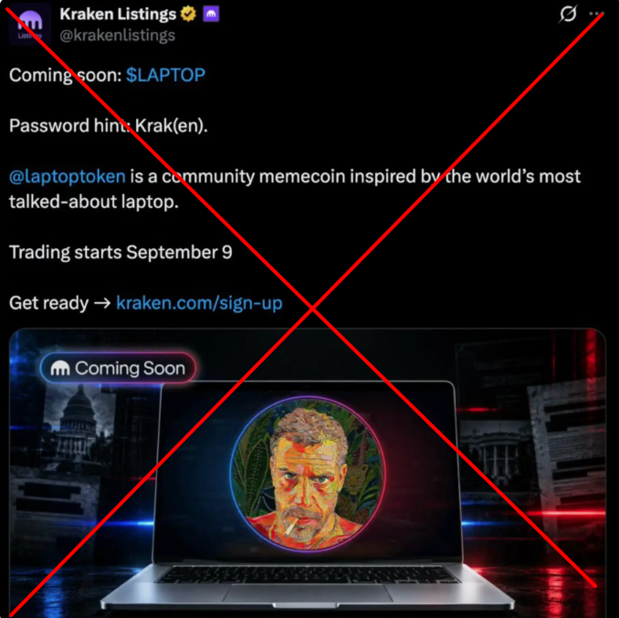 A screenshot of a deleted or rejected tweet from "Kraken Listings" (@krakenlistings) promoting the $LAPTOP memecoin, with a large red X crossing it out, indicating the post was removed—aligning with the context that Kraken distanced itself from Hunter Biden's LAPTOP memecoin launch.
