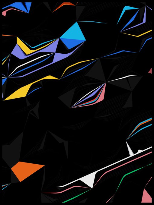 This appears to be a generative art piece from the "FOLD" collection by artist @rudxane1, featuring abstract geometric shapes with angular forms in vibrant colors like blue, yellow, pink, orange, and white set against a black background, with subtle line patterns creating a faceted, crystalline aesthetic.