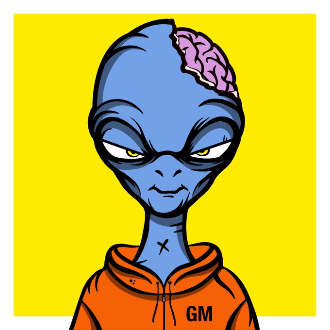 A cartoon illustration of a blue alien with an exposed brain and yellow eyes wearing an orange hoodie with 'GM' written on it, set against a bright yellow background.