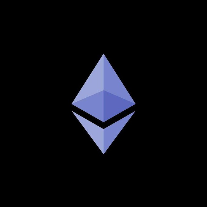 The image displays the Ethereum (ETH) logo, a geometric diamond-shaped symbol in shades of blue/purple on a black background, which relates to the post discussing Ethereum's upcoming EIP-8141 upgrade allowing stablecoin-based transaction fees.