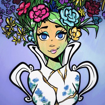 A digital illustration of a green-haired character with blue eyes wearing a white and blue floral kimono, adorned with a large crown of pink, blue, and yellow flowers on her head.