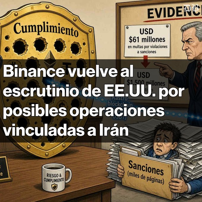 A political cartoon-style illustration about Binance being scrutinized by the U.S., with Spanish text reading 'Binance vuelve al escrutinio de EE.UU. por posibles operaciones vinculadas a Irán', showing an evidence board with USD amounts.