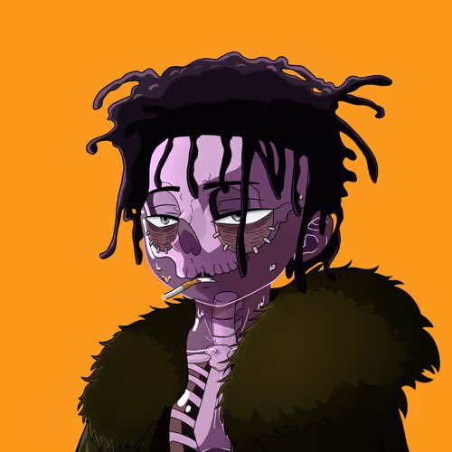 An anime-style illustration of a purple-skinned character with dreadlocks, stitches on their face, and a fur-collared coat, smoking a cigarette against an orange background.