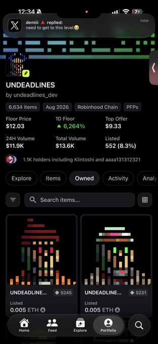 A mobile screenshot of the OpenSea app showing the UNDEADLINES NFT collection with a floor price of $12.03 and 1.1K holders, visually confirming the "Worth 12u now" caption by displaying the current 12.03 ETH floor price alongside two UNDEADLINE items listed at 0.005 ETH.