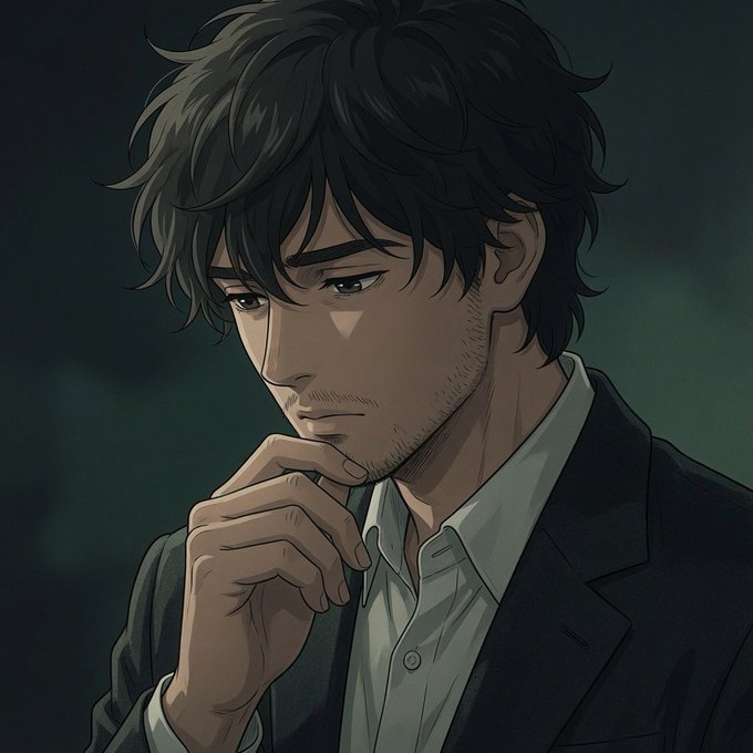 Anime-style portrait of a melancholic young man with dark wavy hair in a suit, resting his chin on his hand against a dark cloudy background.