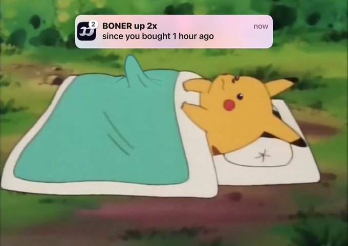 An animated Pikachu lies tucked under a blanket on grass while a notification at the top reads "BONER up 2x since you bought 1 hour ago," playfully depicting the post's message about the $BONER meme coin doubling in value shortly after purchase.