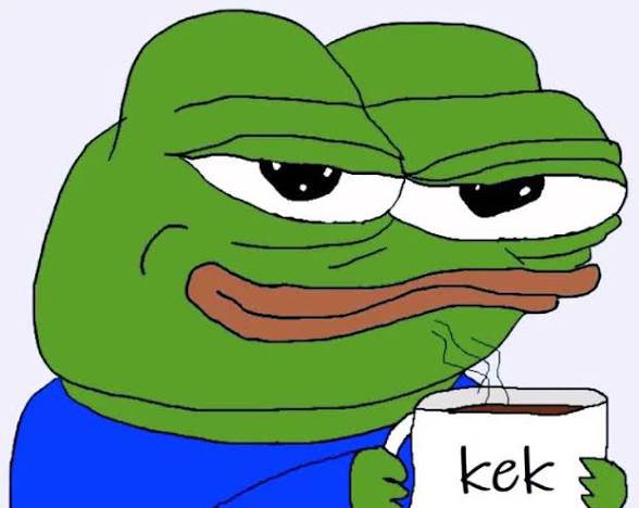 Meme of Pepe the Frog holding a white mug that says 'kek'.