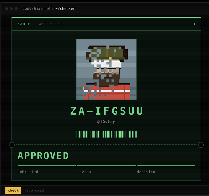 A terminal-style interface titled 'zaddr@mainnet: ~/checker' displaying a 'ZADDR WHITELIST' application marked 'APPROVED' for the ZA-IFGSUU address (@i0xtop), featuring a pixel art pirate character.