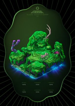 A stylized illustration of a green, moss-covered island or landmass with small trees and structures on a dark background, featuring 'none' text in grid slots below.