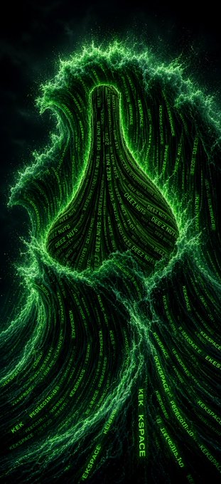 A massive, crashing tsunami wave composed entirely of cascading green code and digital text, featuring the phrases "DEEZ NUTS" and "#KEKSPACE" woven throughout its curl, visually representing the viral force of the meme token wave referenced in the post.