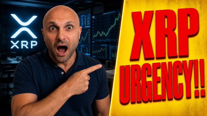 A shocked man points emphatically at bold red and yellow text reading "XRP URGENCY!!" alongside a glowing XRP logo, while the background shows a financial chart—visually conveying alarm and urgency about XRP-related developments, though this contrasts with the post's actual focus on the GENIUS and Clarity stablecoin bills.