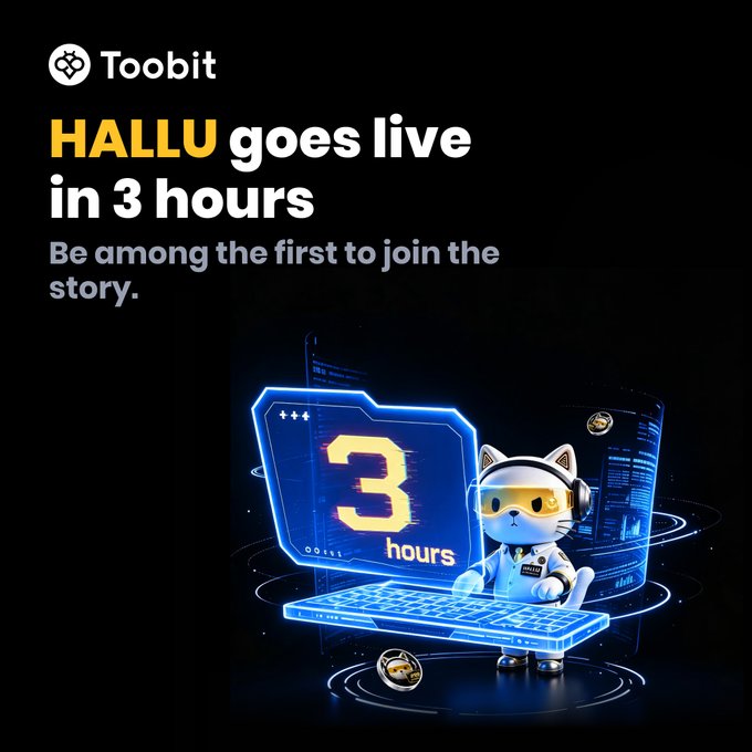 A promotional image from Toobit announcing 'HALLU goes live in 3 hours' featuring a 3D cartoon cat character wearing headphones and a cap, sitting at a glowing keyboard.