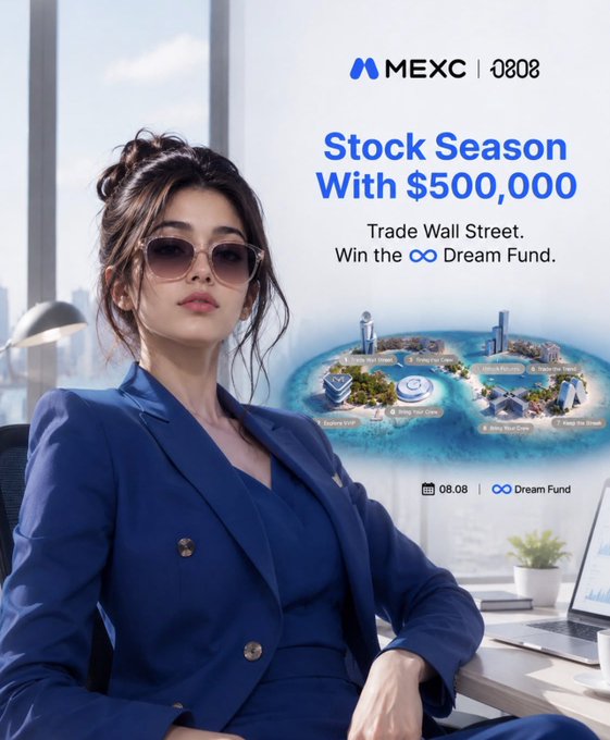 A promotional advertisement for MEXC featuring a woman in a blue suit and sunglasses, with the text 'Stock Season With $500,000', 'Trade Wall Street. Win the Dream Fund', and '08.08'.