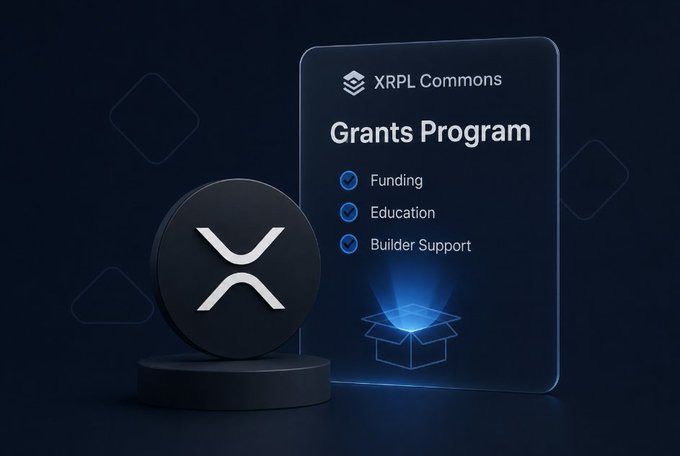 A promotional graphic for the XRPL Commons Grants Program featuring the XRP logo on a black pedestal against a dark blue background, with listed benefits of Funding, Education, and Builder Support.
