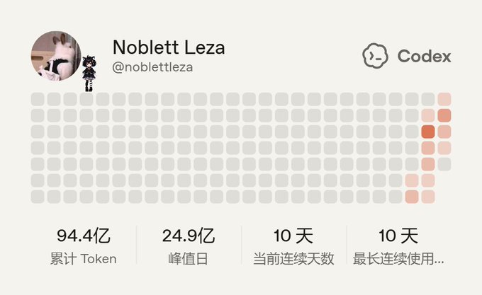 A Codex usage profile for user 'Noblett Leza' (@noblettleza) showing a heatmap with 94.4亿 cumulative tokens, 24.9亿 peak daily usage, and 10-day streaks.
