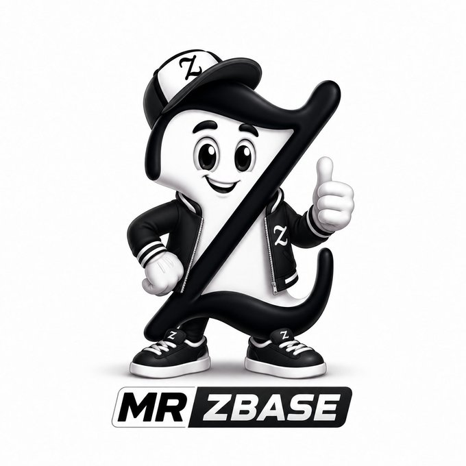The image features a black and white cartoon character wearing a jacket and hat with the number "Z" written on them, giving off a cool vibe. The character has their arms raised in a thumbs-up gesture, conveying positivity or approval. The background of the image is plain white, which further emphasizes the character's design. The caption below the image reads "@bankr launch token name: MR ZBASE ticker: MR ZBASE", indicating that this is part of an advertisement for the bankr token named "MR ZBASE".