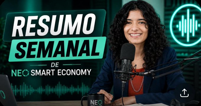The image features a woman sitting at a desk with a microphone, smiling for the camera while holding a microphone. The background of the image shows a green neon sign that reads "Resumo Semanaal de Neo Smart Economy". This suggests that the image is related to an interview or discussion about the topic of smart economy and its impact on society.
