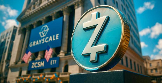 A 3D rendering of a Zcash (ZCSH) cryptocurrency coin displayed in front of the Grayscale building with American flags, representing the Grayscale Zcash Trust ETF.