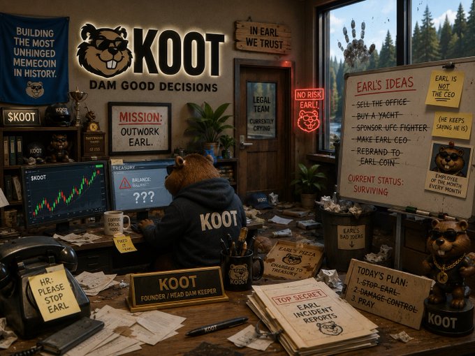 The image depicts a chaotic office scene featuring a beaver mascot named "KOOT" wearing a "DAM GOOD DECISIONS" hoodie at a cluttered desk, with multiple monitors displaying charts and "BALANCE: ???" and a neon "NO RISK, EARL!" sign. Surrounding the workspace are humorous signs like "EARL'S IDEAS" listing items such as "SELL THE OFFICE" and "SPONSOR UFC FIGHTER," a "TOP SECRET: EARL INCIDENT REPORTS" folder, and motivational posters declaring "BUILDING THE MOST UNHINGED MEMECOIN IN HISTORY." This visual of organizational chaos and Earl's questionable decision-making perfectly complements the post's joke that while they solved three problems, Earl created four new ones.