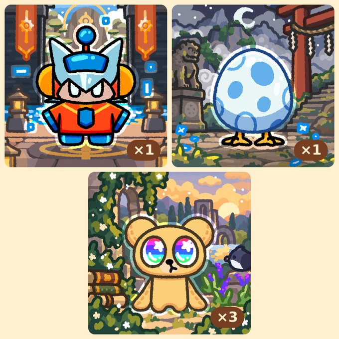 Three cute cartoon game item icons including a robot/cat warrior (x1), a blue speckled egg creature (x1), and a rainbow-eyed bear-like creature (x3).