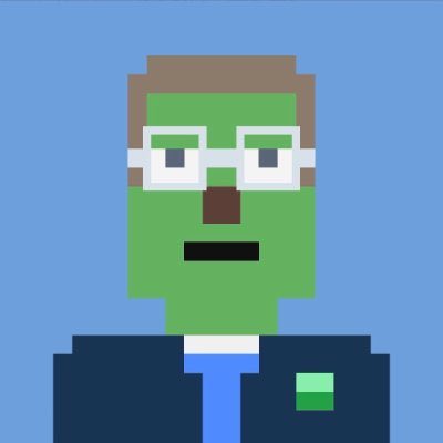 A simple, pixel-art style digital portrait of a green-skinned man wearing square glasses, a brown hat, and a dark suit.