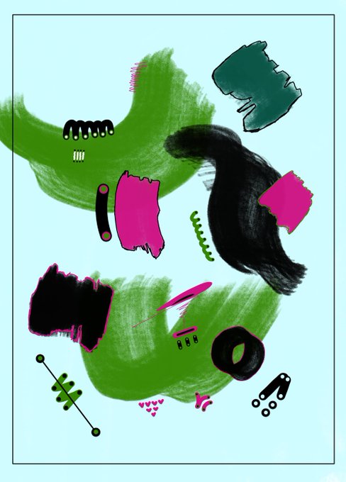 An abstract digital artwork featuring brushstrokes of green, black, and magenta shapes against a light cyan background, including small squiggles, dots, and rectangular forms.