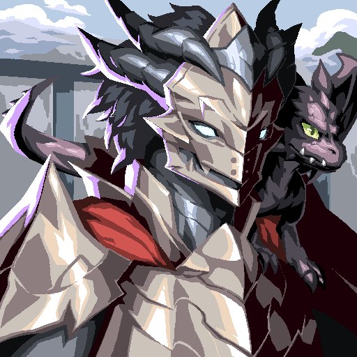 A knight in ornate, horned plate armor stands with a small dark dragon perched on their shoulder against a cloudy sky backdrop—evoking the handcrafted, limited-edition feel of Iron Lord #23, where only 101 pieces exist after a meticulous two-year artistic process. The pixel-art style and deliberate detail mirror the intentional, non-generative approach highlighted in the post.