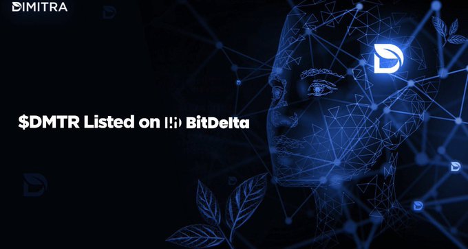 A promotional graphic for Dimitra announcing "$DMTR Listed on BitDelta," featuring a stylized geometric portrait of a face and the Dimitra logo against a dark blue background, visually reinforcing the new exchange listing highlighted in the post.