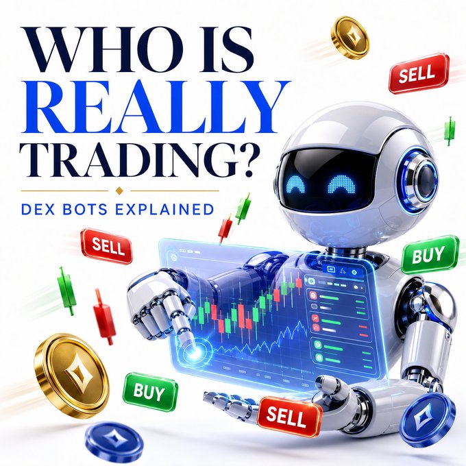A friendly robot holds a trading chart surrounded by glowing cryptocurrency coins, candlesticks, and "BUY" and "SELL" buttons, illustrating the post's question about who is actually executing trades on the DEX—suggesting the activity may be driven by automated DEX bots rather than real human traders. Text reads "WHO IS REALLY TRADING? DEX BOTS EXPLAINED."