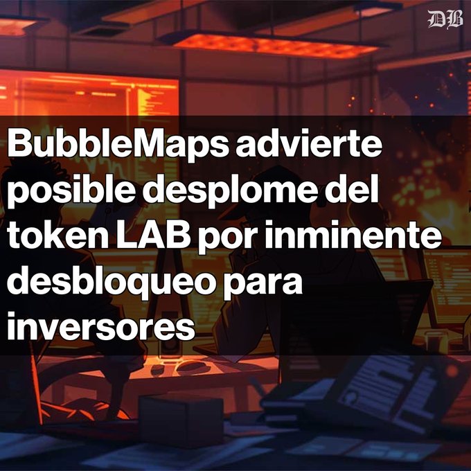 The image shows a stylized, red-toned illustration of figures working at a desk with glowing monitors, evoking a sense of investigative crypto analysis. Bold white text overlays the scene reading: "BubbleMaps advierte posible desplome del token LAB por inminente desbloqueo para inversores," directly tying into the article's warning about an imminent LAB token unlock and potential sell-off.