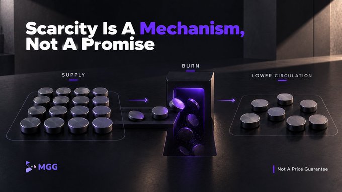 The image shows a visual of MGG's token burn mechanism, depicting coins flowing from "SUPPLY" through a burning chamber labeled "BURN" to produce "LOWER CIRCULATION," reinforcing the headline "Scarcity Is A Mechanism, Not A Promise" with a disclaimer "Not A Price Guarantee."

This graphic illustrates the post's explanation of how MGG incorporates burning across its ecosystem, emphasizing that token burns are a structural mechanism for reducing supply rather than a promotional guarantee of value.