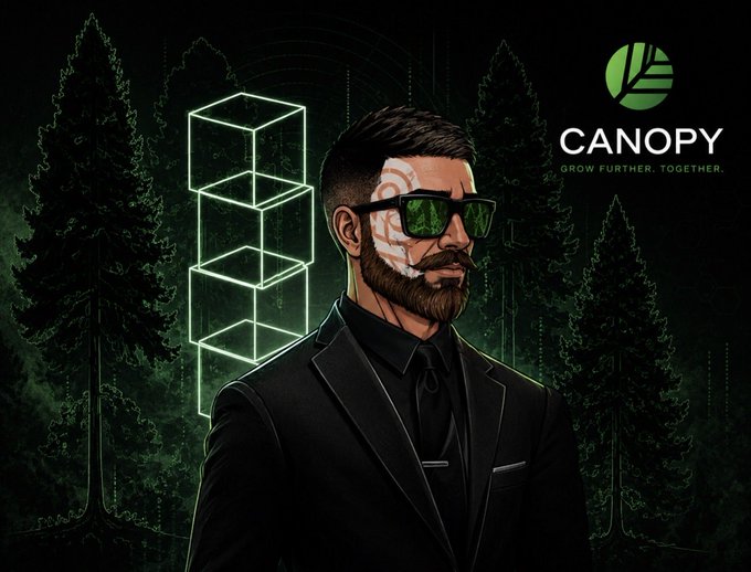 Digital artwork featuring a man in a black suit with green reflective sunglasses and beard, beside a neon green glowing blockchain cube with the 'CANOPY' logo and tagline 'Grow Further. Together.'