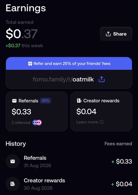 A mobile earnings dashboard showing total earned $0.37 this week, with referrals earnings of $0.33 (25% rate, 2 referred) and creator rewards of $0.04, including a Fomo referral link.