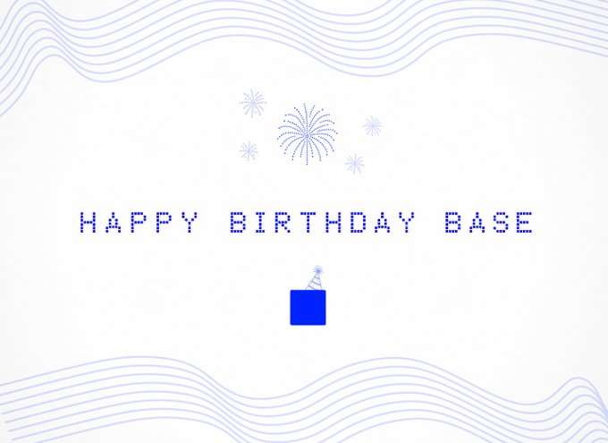 A celebratory graphic displays "HAPPY BIRTHDAY BASE" in pixelated blue text below fireworks and above a small blue square with a party hat, set against wavy blue line patterns.