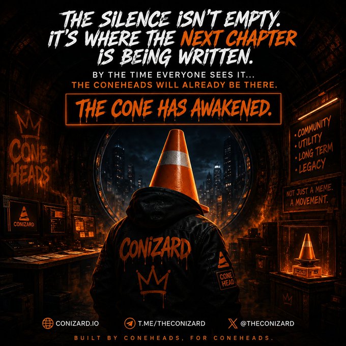 A promotional graphic for the 'Coneheads' / 'Conizard' crypto project featuring a figure with a traffic cone head wearing a hoodie, with text reading 'THE SILENCE ISN'T EMPTY. IT'S WHERE THE NEXT CHAPTER IS BEING WRITTEN' and 'THE CONE HAS AWAKENED,' along with links to conizard.io and social handles @THECONIZARD.
