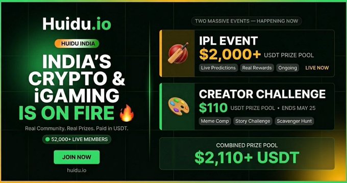 The image features a poster for an event called "Huduio.io India's Crypto & I Gaming Is On Fire" with details about prizes and a description of the event. The poster includes text that reads, "India's Crypto & I Gaming is on fire! To a lucky person RePost & Join Both TG t.me/+05ojj9mXazs3Z ... t.me/+SSiZsf4TZ7QyM ... India". The event appears to be happening in India and offers prizes for the creator challenge, IPL, and gaming community.