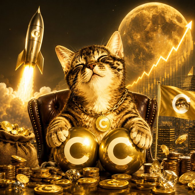 A digital artwork of a content cat wearing a gold chain with a 'C' medallion, sitting in a leather chair surrounded by gold coins and orbs marked with 'C', with a rocket launching and a rising chart in the background.