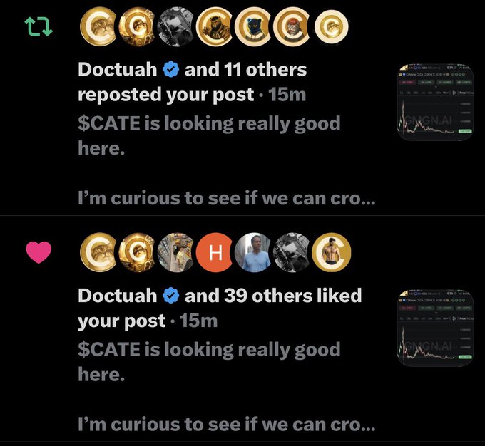 A social media notification screenshot shows that verified user "Doctuah" reposted the post to 11 others and 39 others liked it, with the post text highlighting "$CATE is looking really good here" alongside a price chart. The notifications feature multiple users displaying the same profile picture, visually reinforcing the post's message about the tight-knit $CATE community.
