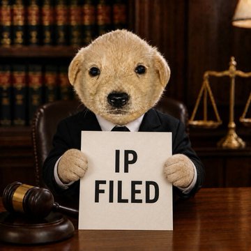 A teddy bear dressed in a business suit sits at a judge's desk holding a sign reading "IP FILED," symbolizing the recent trademark filing for $JOTCHUA's intellectual property that is driving increased market interest.