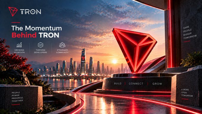 Another promotional banner for 'TRON' reading 'The Momentum Behind TRON' over a similar sunset cityscape, emphasizing 'Growing Adoption', 'Thriving Developers', and 'Stronger Community'.