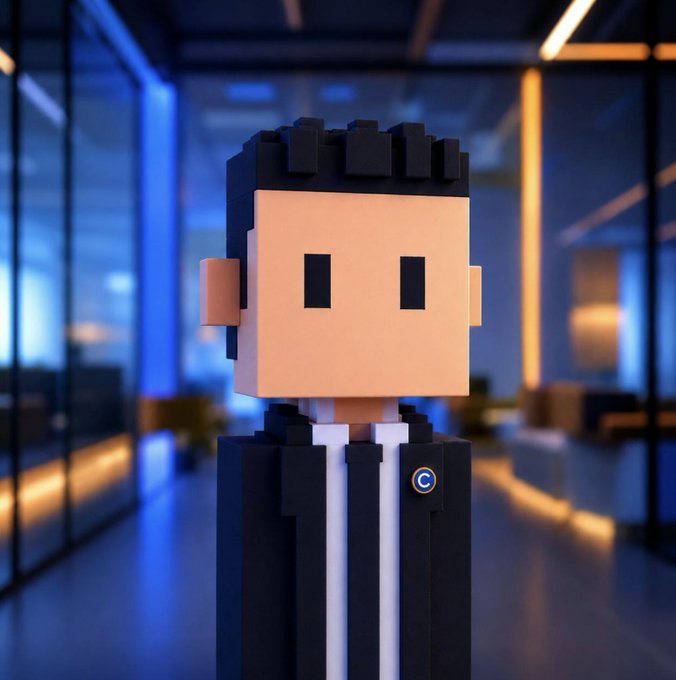 A blocky, pixelated voxel-style avatar character with black hair and a black jacket stands in a sleek, blue-lit office hallway, with a small "C" emblem visible on its lapel—matching the post's announcement of a new work avatar tied to the Meebits NFT project.