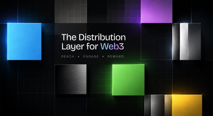 A promotional graphic reading 'The Distribution Layer for Web3' with the tagline 'REACH • ENGAGE • REWARD', featuring a colorful grid of glowing squares in blue, green, yellow, and purple.
