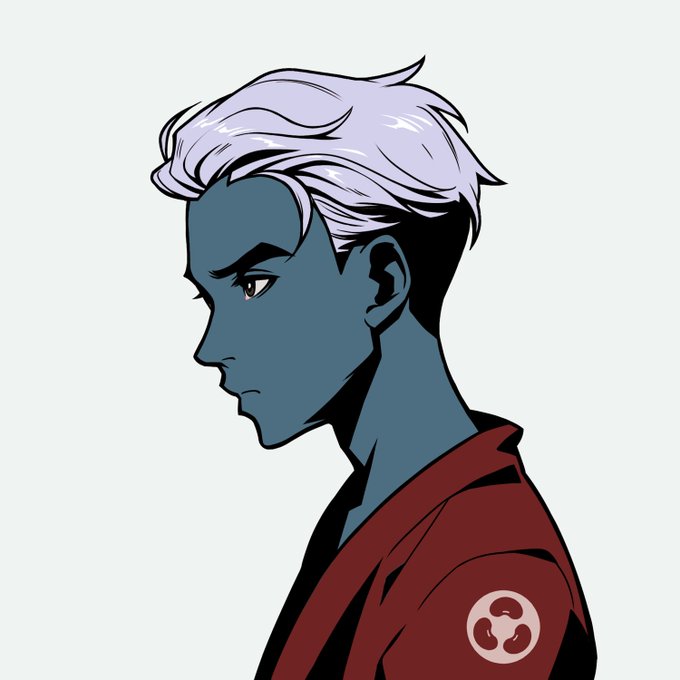 An animated character with pale lavender hair, blue skin, and a red robe featuring a circular emblem on the shoulder is shown in profile with a serious expression. The image relates to the post as part of an Azuki NFT character reveal, showcasing the distinctive "Ikura" (IKZ) character from the anime-style PFP collection.